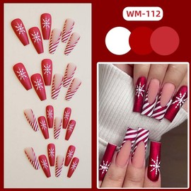 Christmas Press on Nails Long Square Fake Nails French Tip False Nails Christmas Nails Press ons with Designs Xmas Winter Snowflake Full Cover Glue on Nails Stick on Nails for Women Manicure 24Pcs