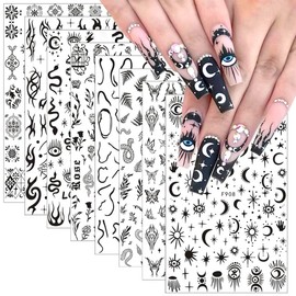 8 Sheets Snake Nail Art Stickers Black Gothic Punk Nail Decals 3D Goth Snake Moon Star Rose Leaf Flame Butterfly French Lines Self-Adhesive Nail Designs DIY Nail Decoration Accessories