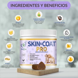PetPro PHARMA - Skin & Coat Pro - Dietary Supplement for Dogs and Cats Dermatological Health, Food Enhancement for Skin and Coat. 120 Chewable Tablets Salmon, Omega 3 and 6 (EPA and DHA),