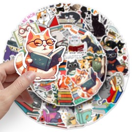 50PCS Reading Cat Stickers,Reading Cat Stickers,Teens Boys and Girls Sticker Pack Vinyl Skateboard Guitar Door Laptop Luggage Car Bike Water Bottle Birthday Party Supplies Stickers