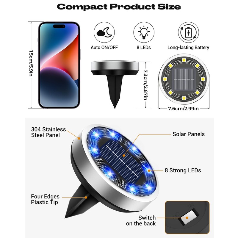 btfarm 4 Pack Solar Lights Outdoor, 8 LED Solar Ground