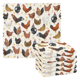 JIPONI 6 Pack Kitchen Dishcloth, Cute Chicken Rooster Pattern Absorbent Dish Towels Reusable Soft Cleaning Cloths 11 x 11 inch