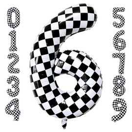 LHOAVWE Checkered Number 6 Balloons 40 Inch Giant Race Car Checkered 6 Balloons for Racing Car Checkered Birthday Party Supplies