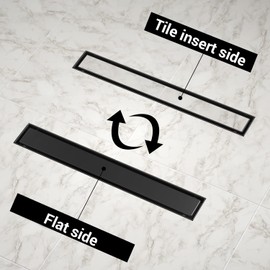 EXF Linear Shower Drain 12 Inch Matte Black with Reversible Flat & Tile Insert Cover, Stainless Steel Rectangle Shower Floor Drain with Hair Catcher, Adjustable Feet