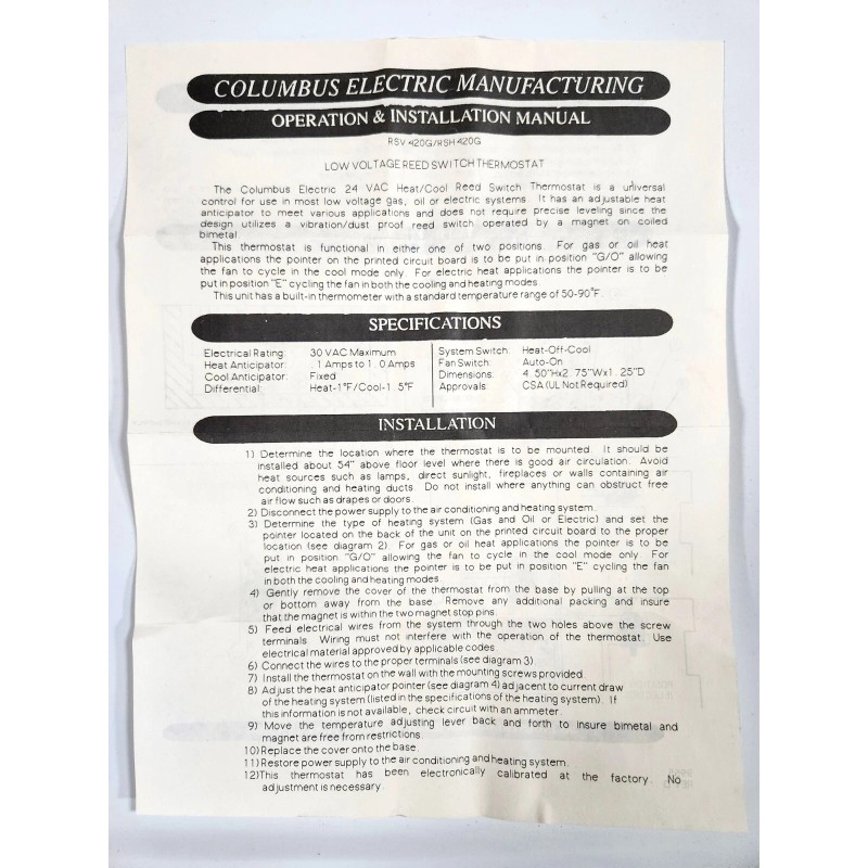 Columbus Electric Heat / Cool Wall Thermostat 24V Mechanical