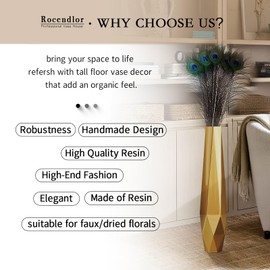 Rocendlor Tall Floor Vase - 27.5" Tall Vases for Home Decor, Resin Floor Vase with Handmade Dimensional Geometric Style, Fits Into Hay/Pampas Grass, Boho Living Room Decor (Gold)