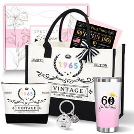 60th 1965 Birthday Gifts for Women, 60 Year Old Birthday Fabulous Gifts for Women, Cool 60th Birthday Canvas Tote Bag Gift for Woman, Turning 60th Cup Birthday Basket for Her Mom Sister Wife Grandma