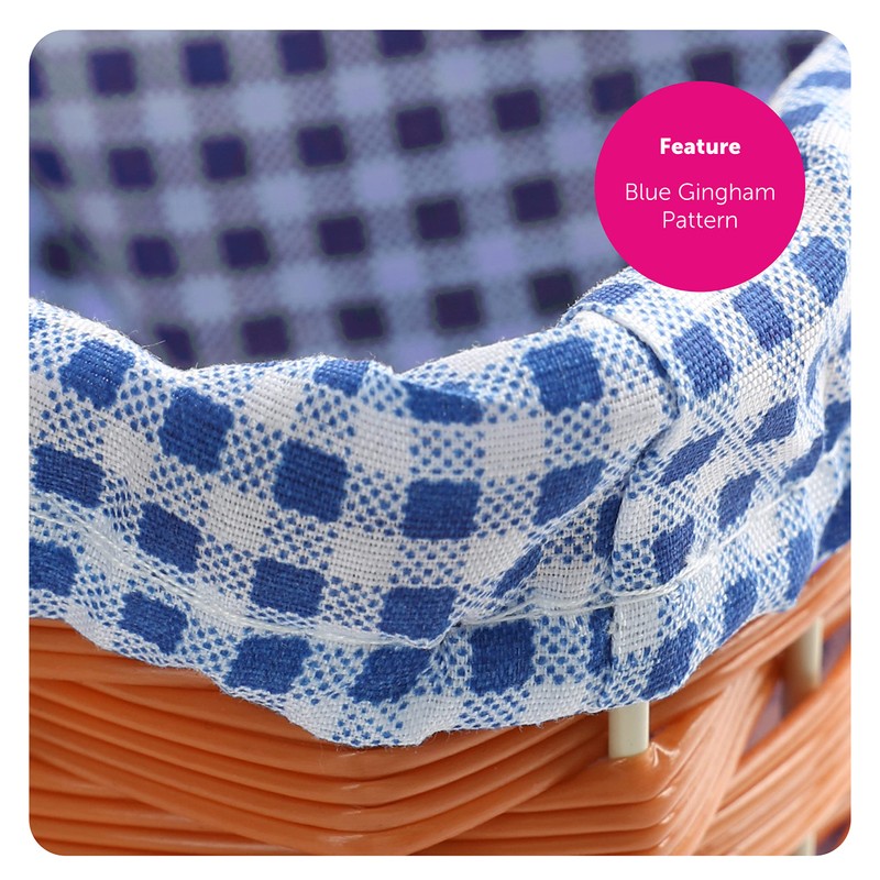 Plastic Basket With Blue Gingham Cloth and Handle Perfect for