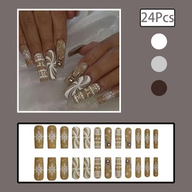 Christmas Press on Nails Long Square Fake Nails with Cute Elk Snowflake Designs Winter Acrylic Nails Set Brown Matte Artificial False Nails Xmas Full Cover Stick on Nails for Women 24Pcs