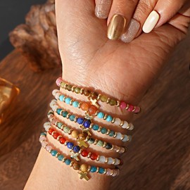 SHINUS BOHO Christian Gift Cross Charm Bracelets for Women Men Faith Easter Catholic Religious Gemstone Beaded Meaningful Baptism Comunion Natural Beads Friendship Christmas Easter Holiday Accessories Jewelry Gfits