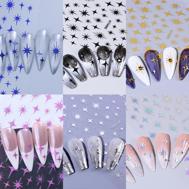 6 Sheets Star Nail Stickers for Nail Art Black Silver
