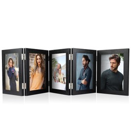 RMERVE 5 Folding Hinged Picture Frame 5 x 7 Inches Natural Wood Foldable Photo Frame with High Definition Acrylic Family Picture Frame Desk Photo Frame for Family Birthday Anniversary, Black