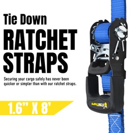Stay There Heavy Duty Ratchet Tie Down Straps - 5208 Lbs Breaking Strength 1.6" x 8', Includes 4 Heavy Duty Ratchet Padded Handles – Coated Deep S-Hook & Carry Bag (Blue)