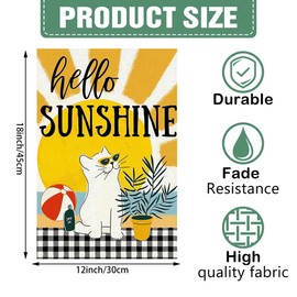 DMERBYL Hello Sunshine cat Garden Flag Summer Garden Flag 12x18 Inch Vertical Double Sided Buffalo Plaid Beach Cat Farmhouse Holiday Outside Decoration Burlap Yard Flag