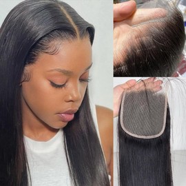 5x5 SKINLIKE HD Lace Closure Human Hair Straight 0.10mm Bleached Knots Invisible Lace Closure Pre Plucked Natural Hairline, 12 Inch Natural Black