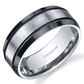 PEORA Classic Men's Genuine Titanium Wedding Band Ring, Black and Silver Tone, 8mm Beveled Edge Comfort Fit, Size 11, Premium Titanium, Strong, Durable & Scratch-Resistant w/Jewelry Box