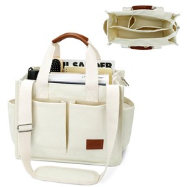 KKXIU Large Canvas Tote Bag for Women with Zipper and Compartments Crossbody Work Bible Messenger Purse Bag With Pockets - Plus Beige