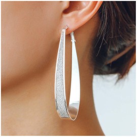 Iaceble Boho Large Oval Hoop Earrings Sliver Textured Hoop Drop Earrings Metal Flat Oval Earrings Hollow Oval Drop Earrings Statement Geometry Earrings for Women