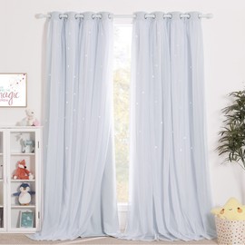 NICETOWN Nursery Bedroom Curtains 63 inch Length, Room Darkening Starry Drapes Overlapped with White Sheer for Kids/Thanksgiving Present (52" Wide, Greyish White, 4 Tie Backs Included)
