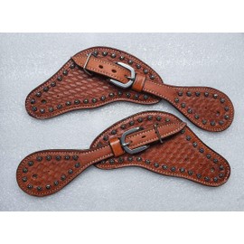 LEATHERRIDE Adults Tooled Leather Spur Straps w/Silver Studs Hardware and Buckle New Horse TACK(Tan)