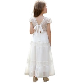 Abaowedding Vintage Flower Girl Dress for Wedding Lace Backless Girls First Communion Dresses Size 8,White