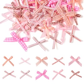 100 Pcs Mini Satin Ribbon Bows, Pink Bows Tiny Decoration Ribbon Bows, Pink Twist Tie Bows for Hair Accessories, Sewing Appliques Crafts, Costume, Shoe Decor Party Gift Box Ornaments
