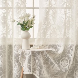 Luyicozy Ivory Vintage Country Floral Lace Sheer Curtains 96 Inches Long -Rod Pocket Light Filtering French Privacy Scalloped Edges Rod Pocket Boho Bedroom ，52 x 96 Inch, 2 Panels