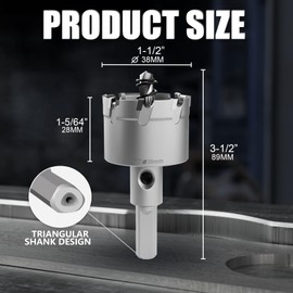 Heavy Duty Carbide Hole Saw Set, 1-1/2” (38mm), Extra Deep Cutting Depth of 1.1 Inches (28mm) - Ideal for Stainless Steel, Mild Steel, Iron, Copper, Brass, and Plastic