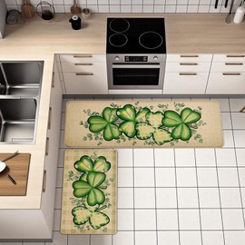 St Patricks Day Kitchen Decor Mats Set of 2, Non-Slip Absorbent Rug and Door Mats, Lucky Green Shamrock Clover Kitchen Floor Mat 17x29 and 17x47 Inch DM128