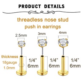 QWALIT Gold Threadless Nose Stud 18g Flat Back Nose Stud 18g Cartilage Earring Nose Earrings Flat Back Earrings Flatback Nose Stud 18 Gauge Push in Nose Stud Labret Nose Rings with Backs 6mm