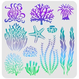 FINGERINSPIRE Seaweed Stencil - 11.8x11.8 inch Seagrass, Coral, Sea Plant & Creatures Ocean Theme for Painting on Wood, Tile, Paper, Fabric, Floor & Wall