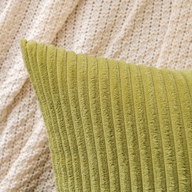 EMEMA Cushion Covers Corduroy Square Throw Pillow Covers Striped Soft Sham Home for Sofa Couch Bedroom Decorative Pillowcases 16x16 Inch 40x40cm Set of 2 Grass-green