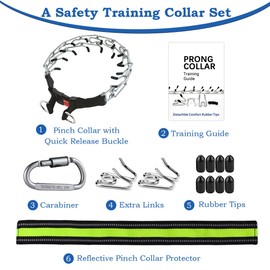 No Pull Dog Collar, Prong Collar for Small Medium Large Dogs, Pinch Collar for Dogs with Quick Release Buckle, Prong Collar Cover, Extra Links, Safety Clip, Rubber Tips