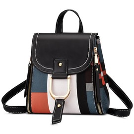 DIRRONA Fashion Women's Color Block Backpack Small Shoulder Bags Daily Casual Elegant Ladies Daypack Multifunctional Backpacks Travel Work Shopping Dating Pu Leather Rucksack Black