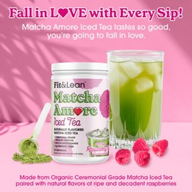 Fit & Lean Matcha Amore Iced Tea, Organic Ceremonial Grade Matcha Green Tea, Prebiotic Fiber, L-Theanine, Naturally Sweetened, NON-GMO, Zero Sugar, Raspberry Iced Tea, 30 Servings