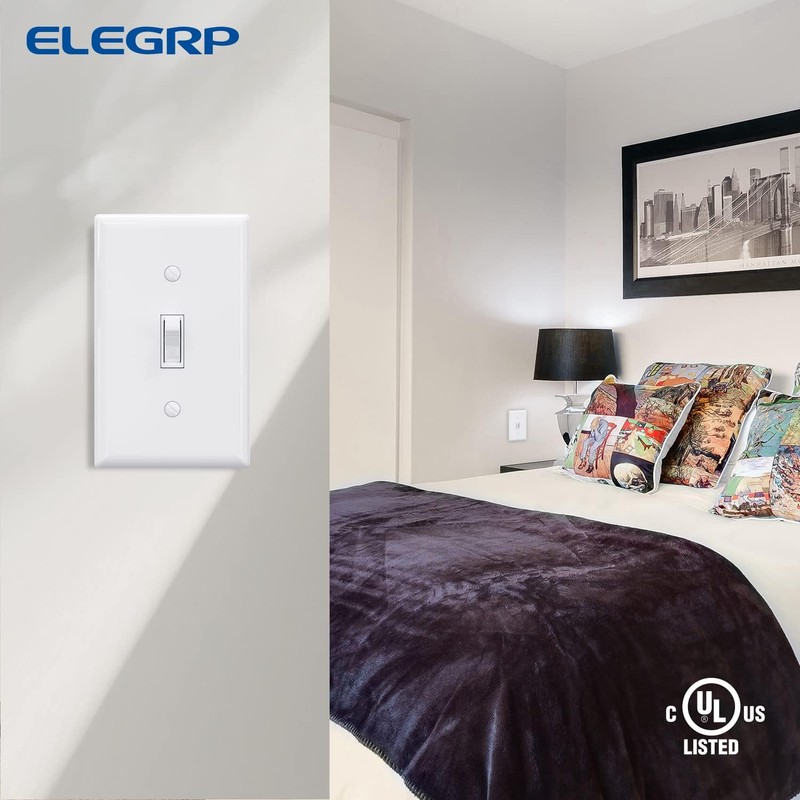 ELEGRP Single Pole Toggle Light Switch with Plate, 15 Amp,