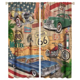 GoDazzling Antique Car Blackout Curtains Window, Old Classic Car Theme Vintage Route 66 Diner Motorcycle Curtains, for Living Room Bedroom 42x54in 2 Panels