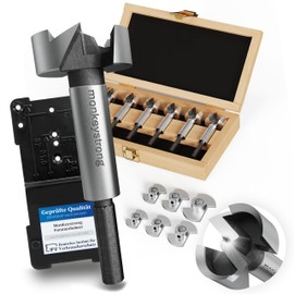 Forstner Drill Bit Set with Depth Stop and Extra Sharp, 13-Piece Wood Drill Bit Set in Most Popular Sizes from Diameter 15-40 mm and Extra Drilling Template for 35 mm Pot Hinges Wood monkeystrong®