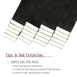 SURNEL Tape in Hair Extensions Human Hair Color 1B Off Black Remy Tape in Hair Extensions 16 inch 20pcs 50g(#1B-16)