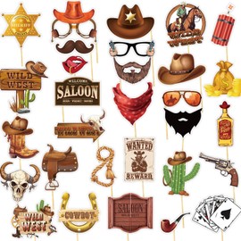 Qpout Western Cowboy Photo Booth Props Pack of 30, Western Cowboy Birthday Baby Shower Wedding Party Decorations, Wild West Party Decorations Cowboy Props