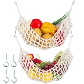 2 Pcs 11.8 x 20 Inch Macrame Fruit Hammock for Kitchen Under Cabinet Hanging Fruit Baskets Handwoven Cotton Veggie Decorative Fruit Net Bag with 4 Hooks for Home Boat RV Vegetable (Rustic Style)