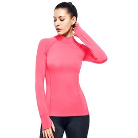 Women's Long Sleeve Running Shirts with Thumb Hole Mock Neck Athletic Tops(Neon Pink,S)