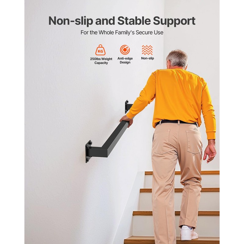 VEVOR Wall Mounted Stair Handrail, 4ft Black Iron Staircase Handrail