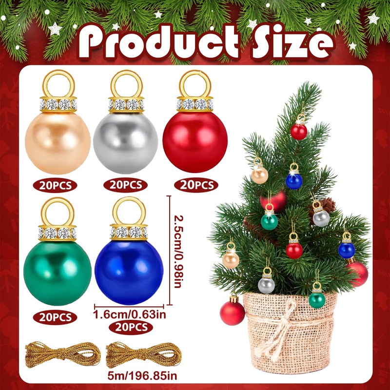 Pack of 100 Mini Christmas Baubles Set, Christmas Glitter, Tree