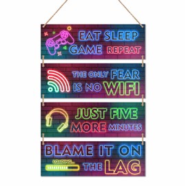 4 Pieces Video Game Wall Art Gamer Hanging Plaques, Neon Gaming Theme Wood Sign Wall Decor For Playroom, Boys, Teenagers, Kids Bedroom Decorations - C05
