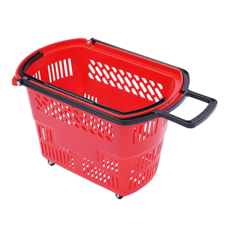 6PCS Plastic Shopping Basket with Handles&Wheels, 35L Rolling Shopping Cart