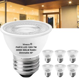 Par16 LED Bulb Dimmable, Vinaco 7W Par16 50W Equaivalent High Output 500LM Warm White 3000K, No-Flicker E26 Base Par 16 Short Neck Led, Longlife 40° Beam Spotlight Recessed Lighting for Home, 6PCS