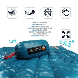 ZOOOBELIVES Ultralight Down Camping Blanket - 1.35lbs, 650 Fill Power Puffy Quilt. Compact & Warm Comforter for Travel, Beach, Hammock, Backpacking - Elevate Your Outdoor Comfort - AlpliveR300