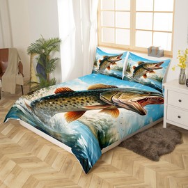 Feelyou Big Pike Fish Duvet Cover Hunting and Fishing Themed Bedding Set for Kids Boys Girls Underwater Animals Comforter Cover Soft Bedspread Cover Twin Size