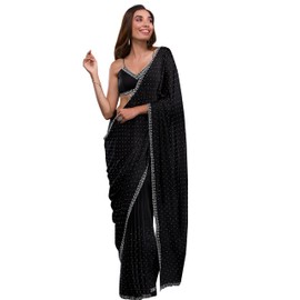 TRENDMALLS Women's Satin Georgette Zarkan work Saree with Unstitched Blouse Piece (K1086-Black)